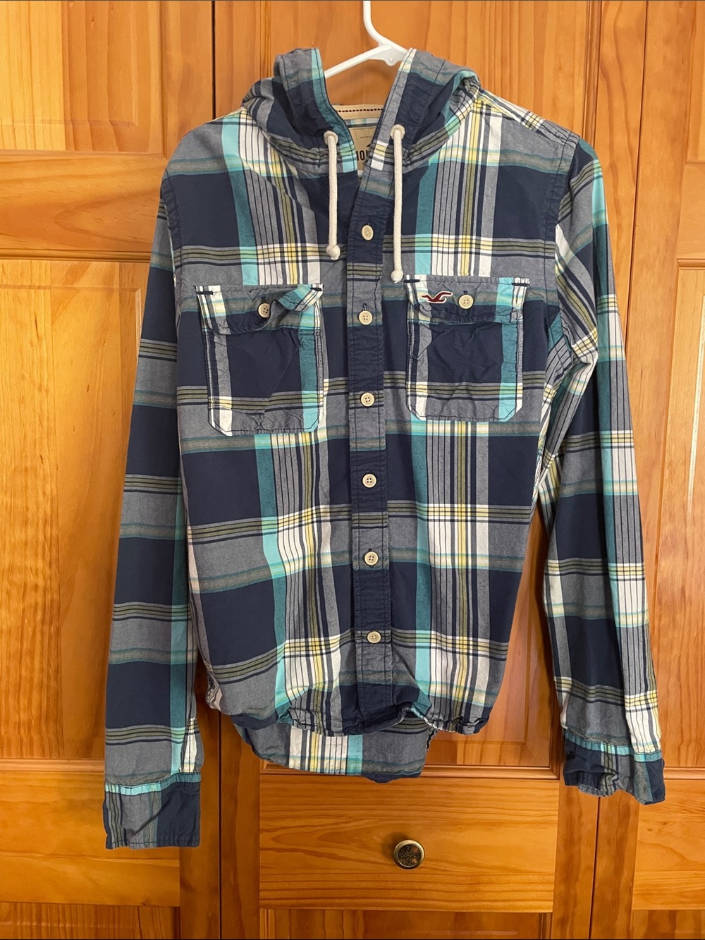 Hollister Navy & Teal Plaid Hooded Button-Up